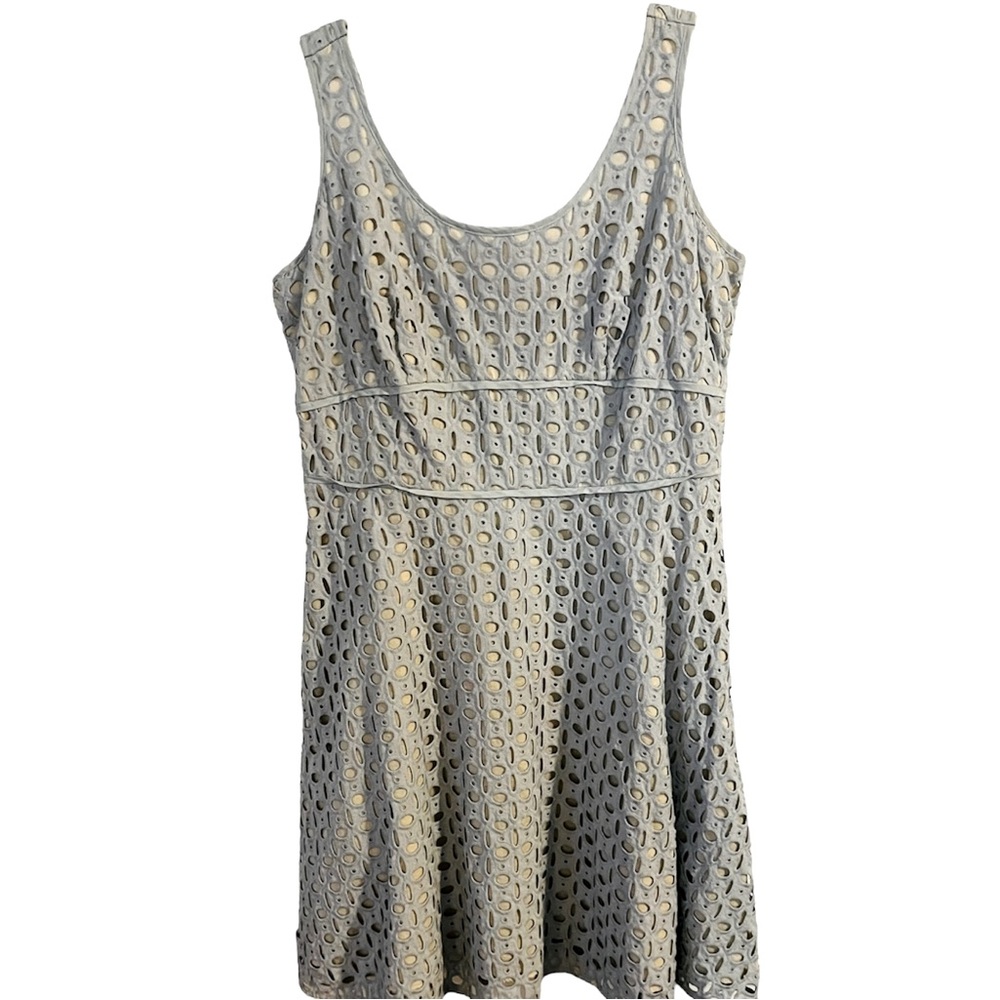LOFT Petites Dress Size 8P Light Blue Gray Cotton Large Eyelets Lace Sleeveless